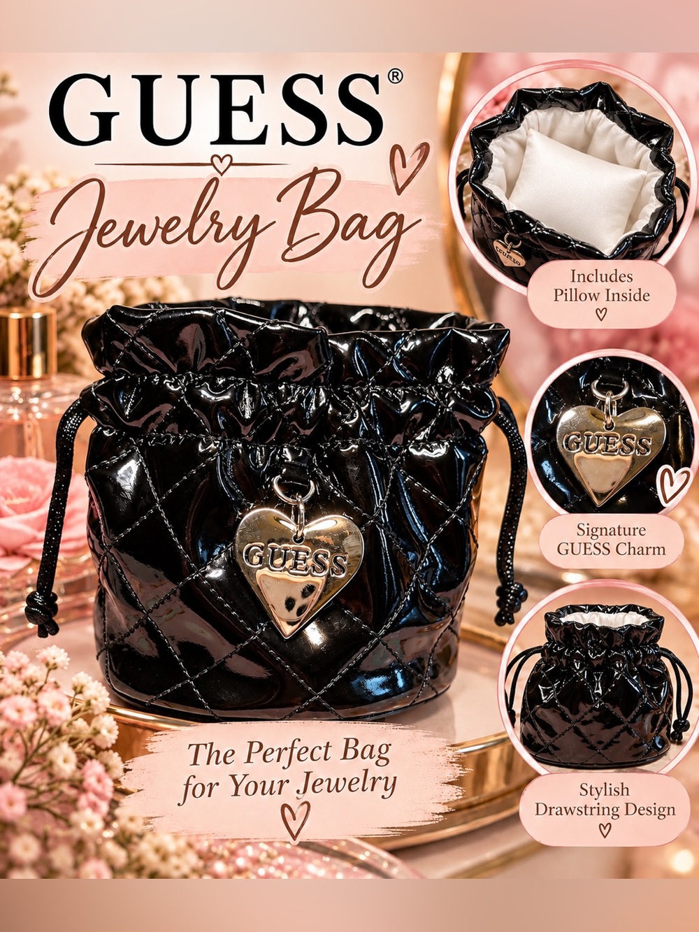 NWOT GUESS Black Quilted Drawstring Jewelry Pouch with Heart Charm